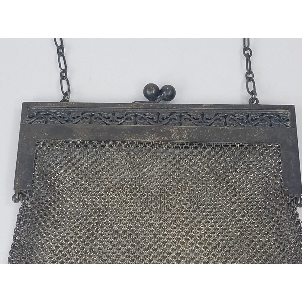 Antique J.T. Inman & Co. Ger Silver Mesh Chain Purse Floral Frame Kiss Tassels